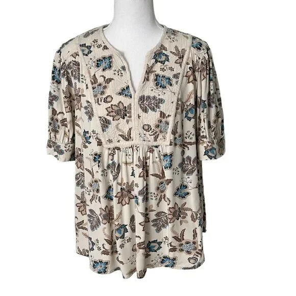 Lane Bryant Plus Size Smocked Floral Top Short-Sleeve Split-Neck Bib Top (14) - Picture 2 of 15